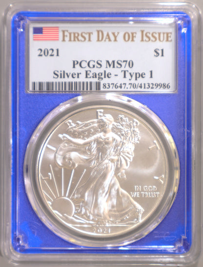 2021 PCGS MS70 Silver Eagle Type 1 FDOI (Blue Holder) - 837647.70/41329986