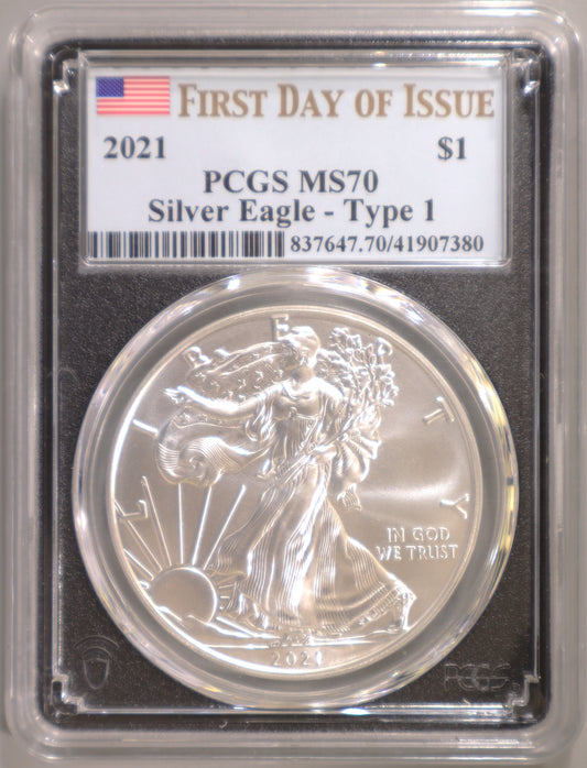 2021 PCGS MS70 Silver Eagle Type 1 FDOI (Black Holder) - 837647.70/41907380