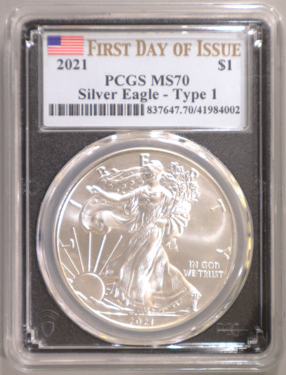 2021 PCGS MS70 Silver Eagle Type 1 FDOI (Black Holder) - 837647.70/41984002