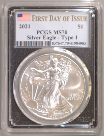2021 PCGS MS70 Silver Eagle Type 1 FDOI (Black Holder) - 837647.70/41984003