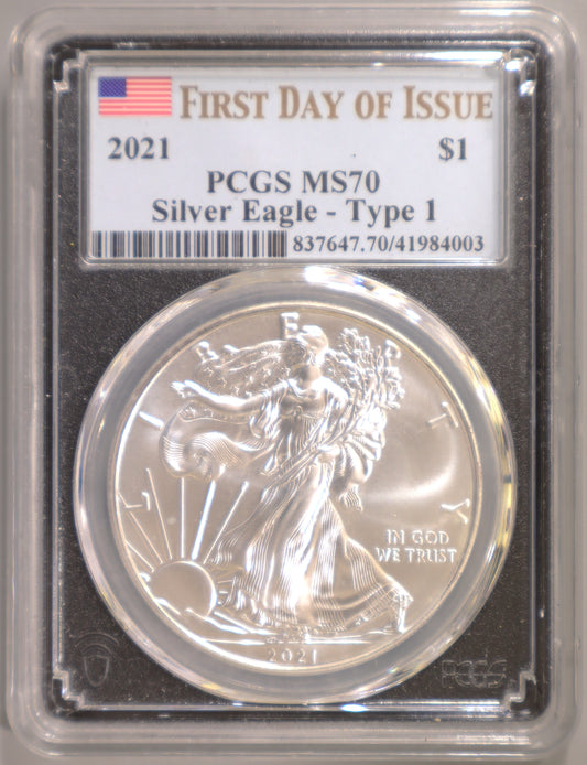 2021 PCGS MS70 Silver Eagle Type 1 FDOI (Black Holder) - 837647.70/41984003