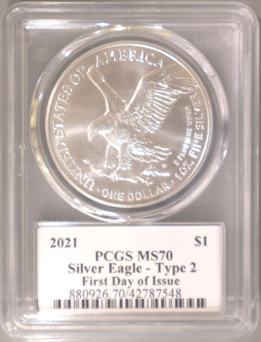 2021 PCGS MS70 Silver Eagle Type 2 FDOI - 880926.70/42787548